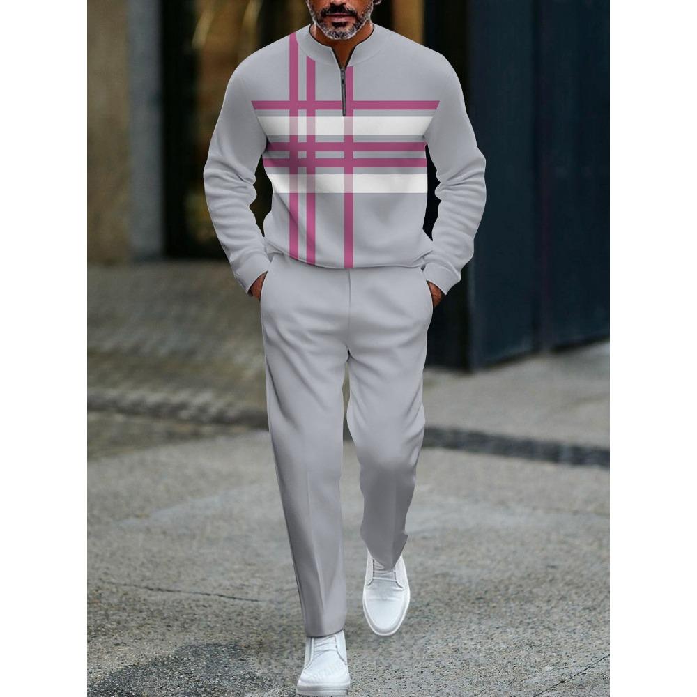 Spring Autumn 3D Printed Fashion Streetwear Men's Long-Sleeved Sets Half-Zipper Stand-Up Collar Men's Casual Sportswear Two-Piece set