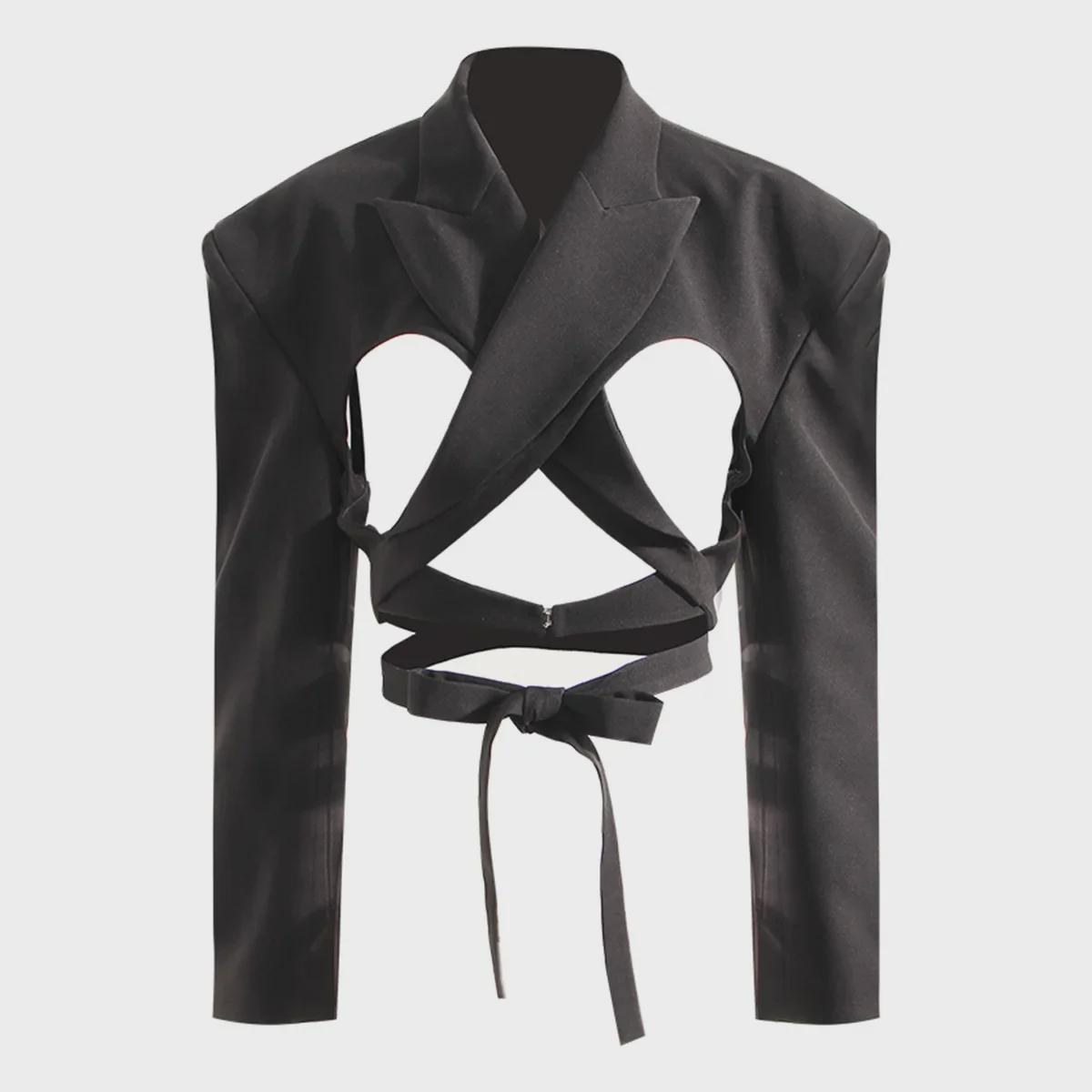 

Шикарный черный блейзер с открытой спиной для женщин - современный текстурированный топ весна/осень Medium чёрный