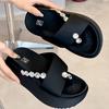 Women's Shoes 2025 Summer New Rhinestone Pinch Cold Slippers Outside Casual Muffin Thick Sole Heightening Round Head Beach Shoes