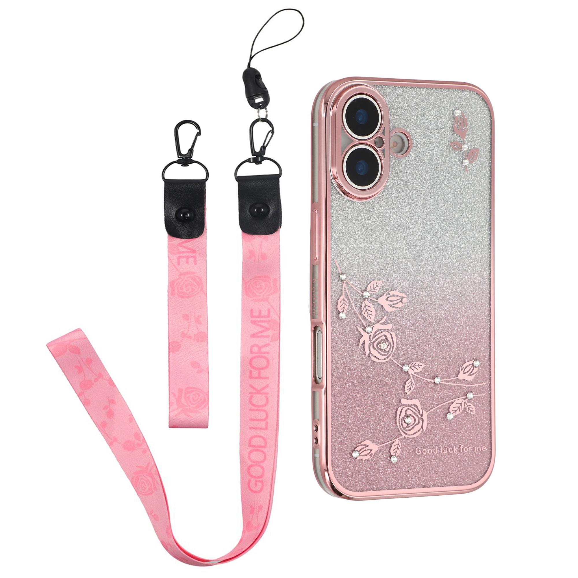 

KADEM For iPhone 17 Case Flower Pattern TPU Gradient Phone Cover with Lanyards Rose Gold