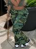 European-American Retro Women's High Waist Camouflage Cargo Pants with Wide Legs and Turn-Up Pockets - Style 8115