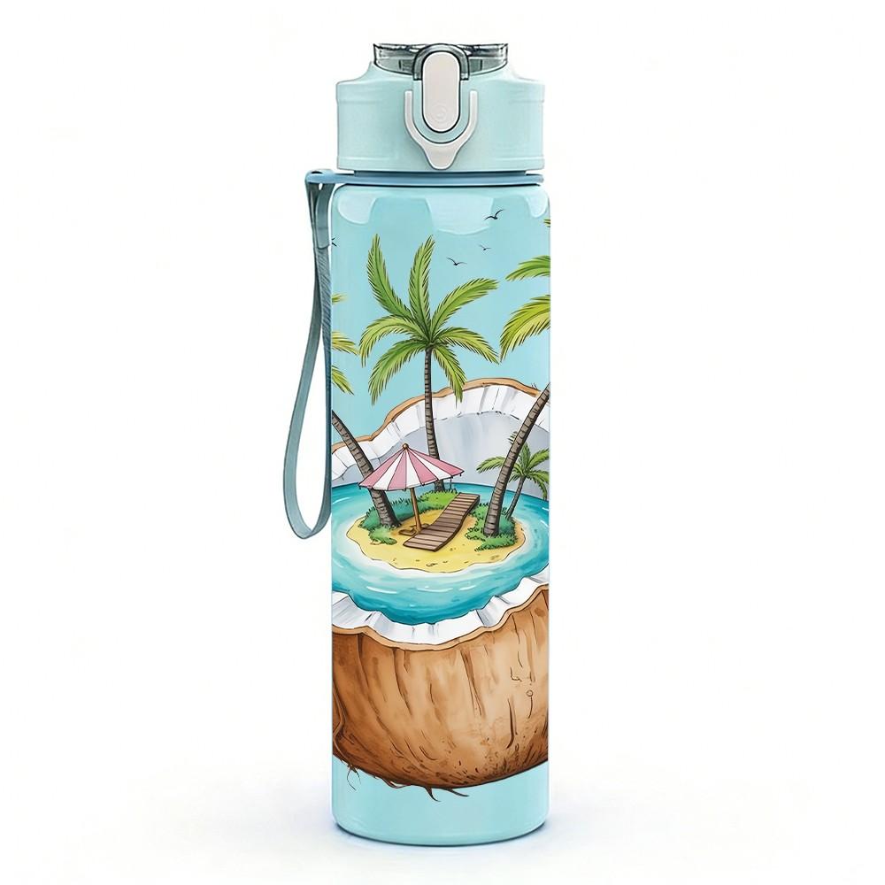 1PC Tropical Coconut Island Palm Tree Print 750ml Color Plastic Sports Water Bottle Leakproof Flip Straw Lid Suitable for Sports Office Home Use