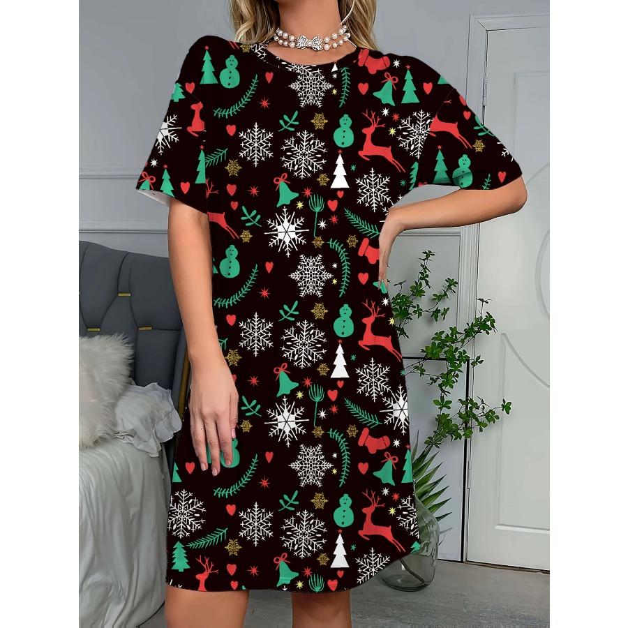 Women's Christmas Pajama Dress Short Sleeve Dress Costume with Reindeer Snowflake Tree Print Y2k Ladies Clothes Female Clothing