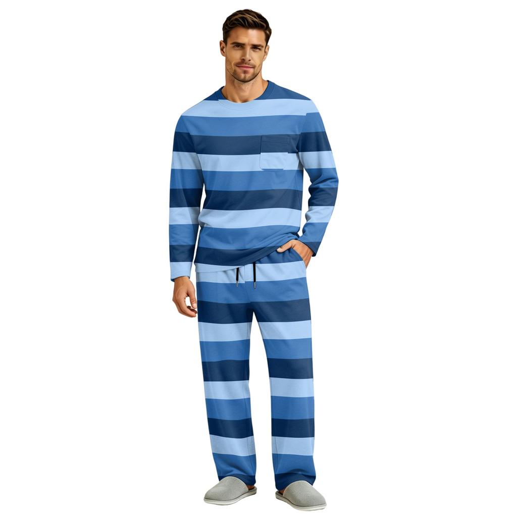 Men's Long Sleeve Pajama Set with Button Crotch and Elastic Drawstring Waist Pants for Home Loungewear