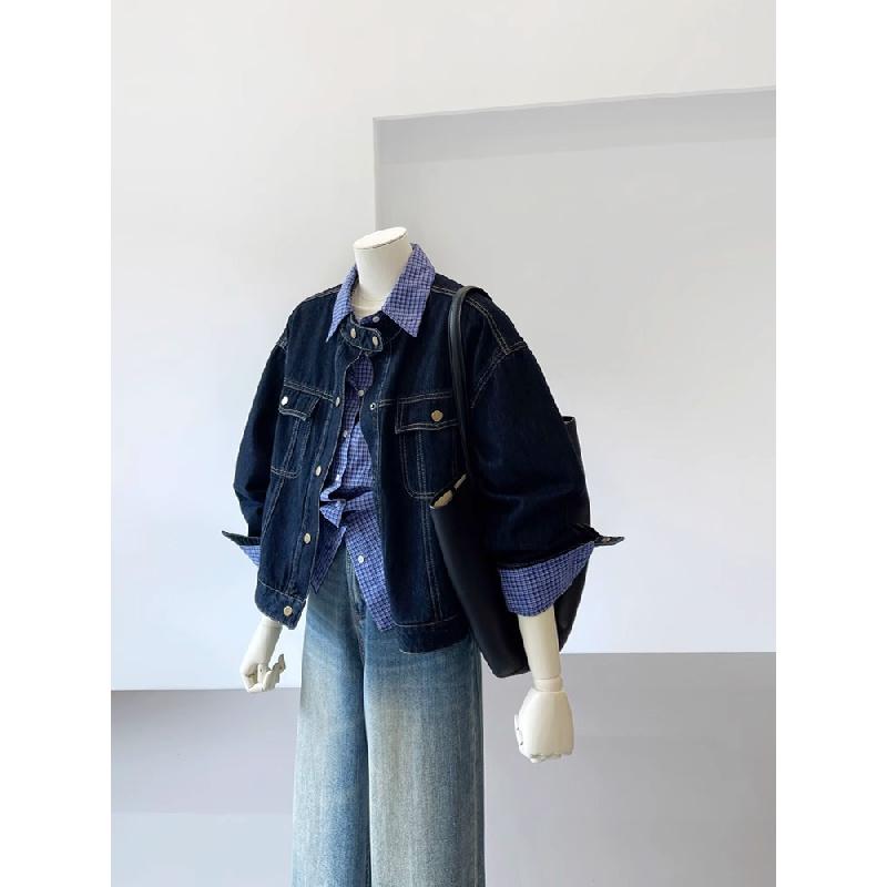 

Vintage Dark Blue Denim Jacket for Women 2026 Spring and Autumn New Style Small Stand Collar Loose Single-Breasted Casual Jacket S темно-синий