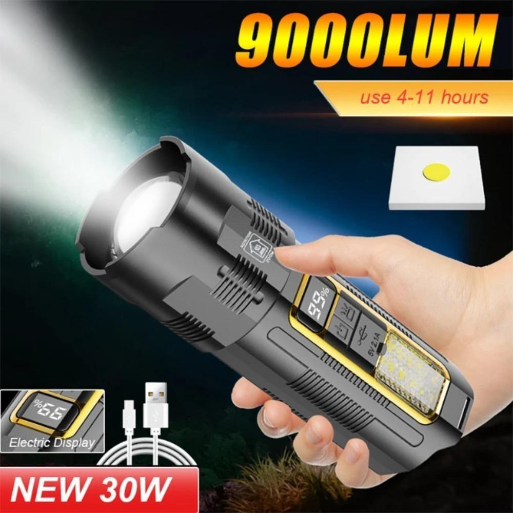 High Power 30W LED Flashlight Built-in 18650 Battery Portable Zoom LED Torch USB Rechargable Emergency Camping Power Bank