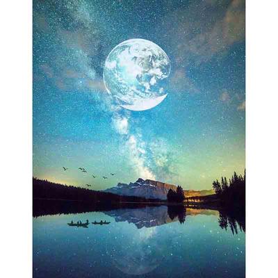 Pittura a diamante Punto croce Trapano rotondo completo Luna e riflesso delle stelle Ricamo a diamante