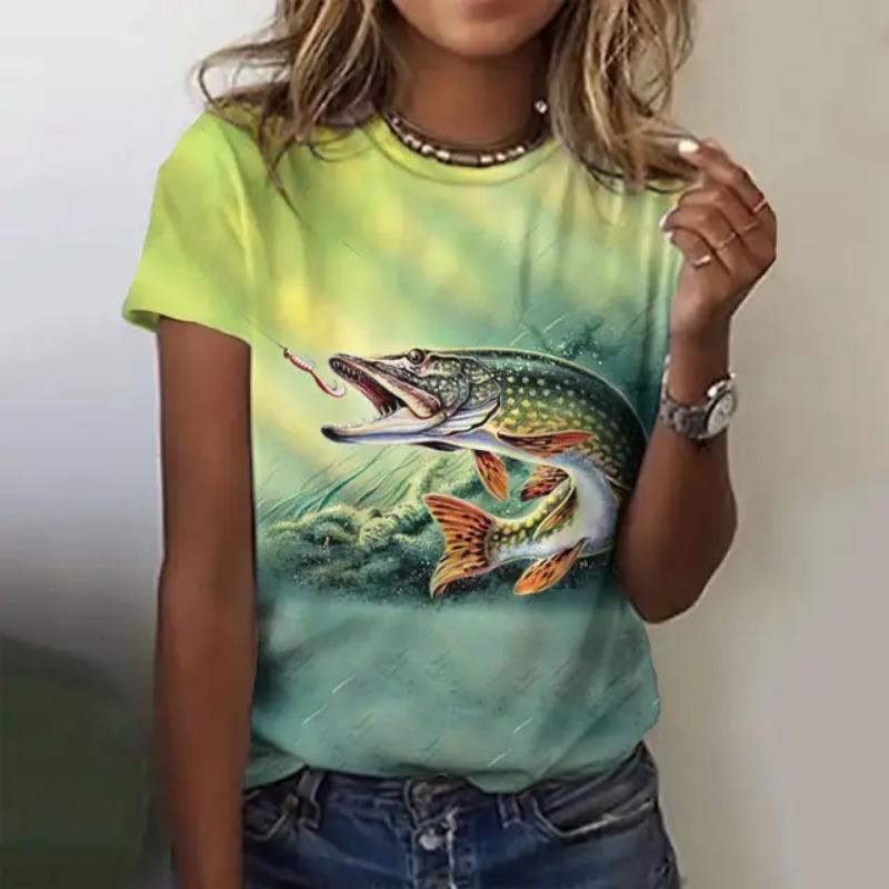 Women's Summer Fashion Casual Loose Plus Size Pattern Fish Print Round Neck Short Sleeved 3D T-shirt Top 6XL