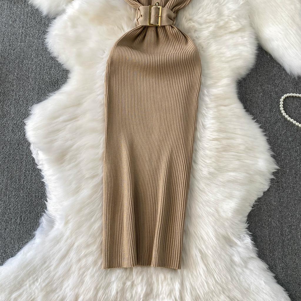 Summer Women Sleeveless Single Breasted Office Work Knitted Sweater Sheath Dresses with Belt