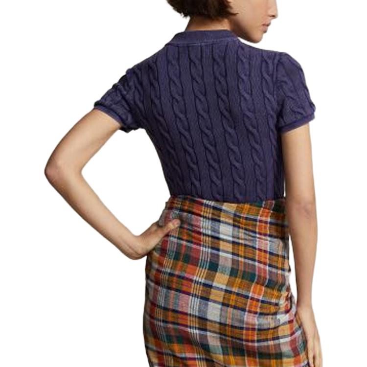 Polo Ralph Lauren FW22 Slim Fit Solid Cable Knit Short Sleeve Polo Shirt Women tops Blue WMPOKNINCU20630-410