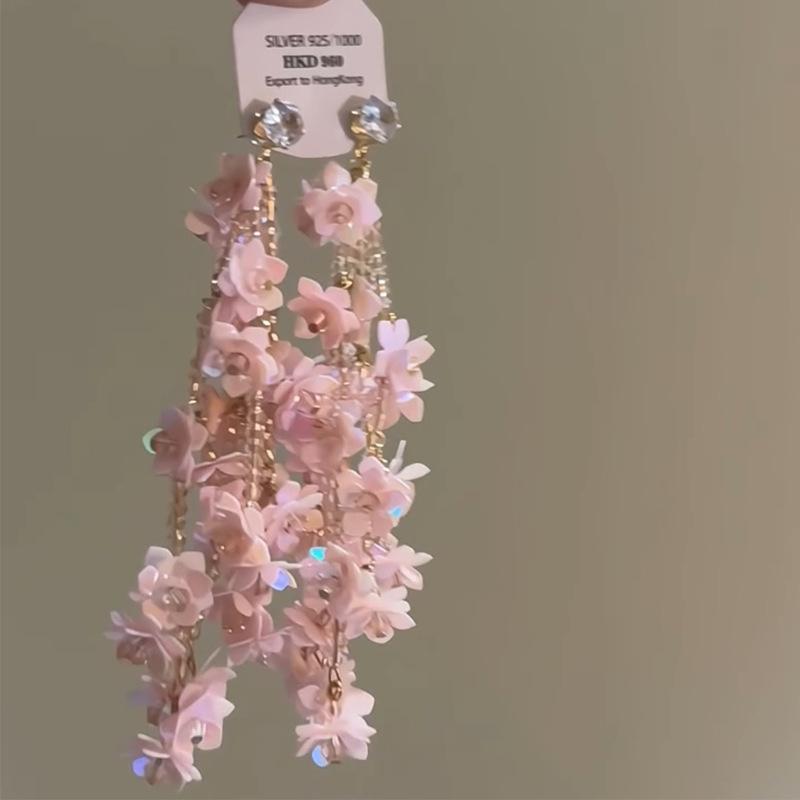 

Срібні сережки з діамантами та рожевими квітами - Ніжний солодкий дизайн у стилі Морі для жінок