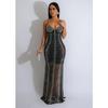Women's Fashion Long Dress: Solid Color Mesh with Hot Drilling and Strappy Design