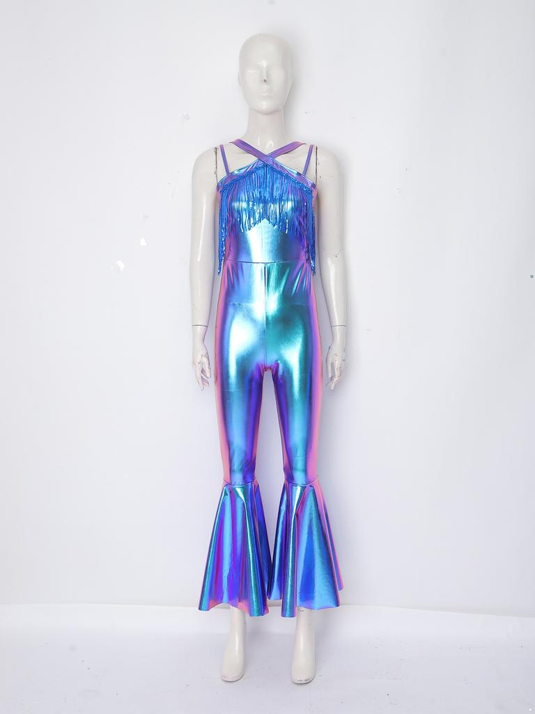 Tuta da Donna Lucida Metallizzata con Frange Senza Maniche Spalline Sottili Pantaloni a Zampa Zip Posteriore per Club e Performance sul Palco