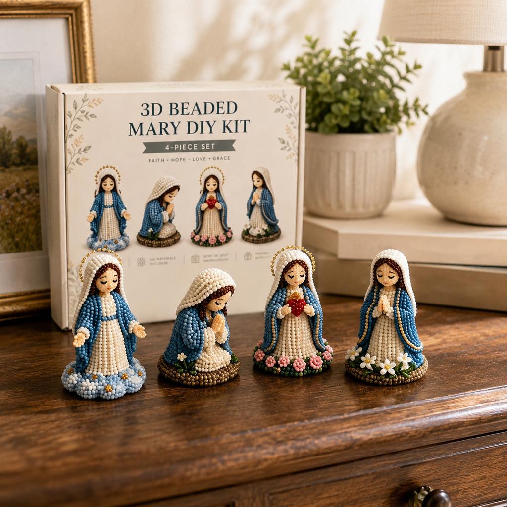 3D Beaded Mary DIY Kit 4-Piece Set Faith Hope Love Grace Crafting Kit for Handmade Religious Figures with Detailed Beading and Assembly Instructions