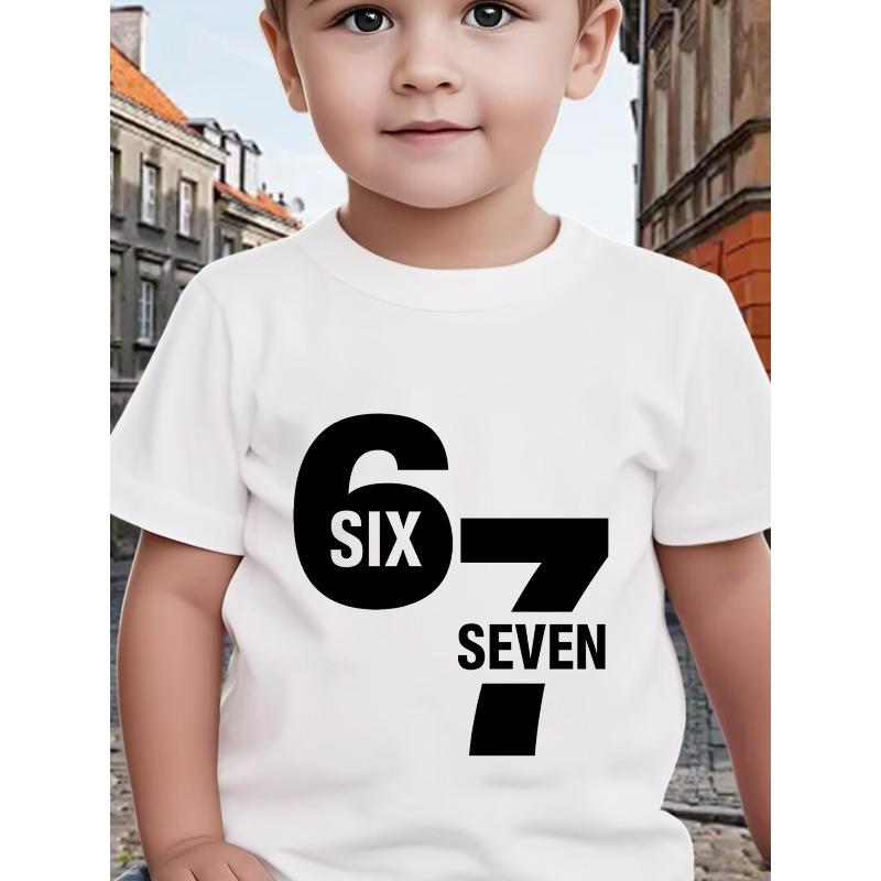 

European sizes Fashionable Neck Short-Sleeve T-Shirt for Boys Featuring The Numbers Six Seven 67 98cm белый