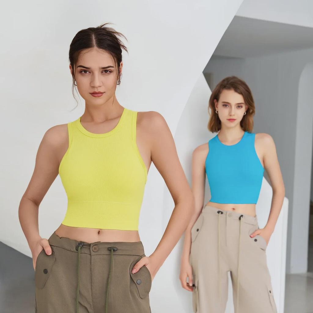 Women's Solid Color Knitted Sleeveless Yoga Sports Bra with Fixed Cup