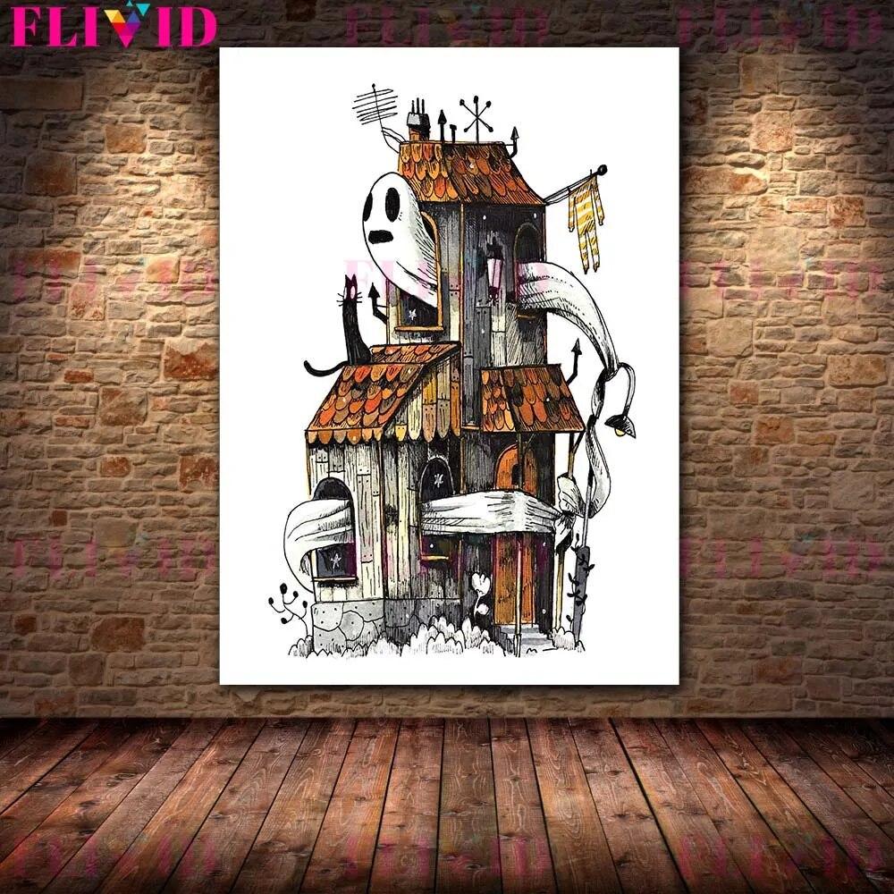 The Haunted House Of The White Ghost Wall Art Canvas Print Gothic Miniature Witch And Mysterious Animal Poster Print Decoration No Frame