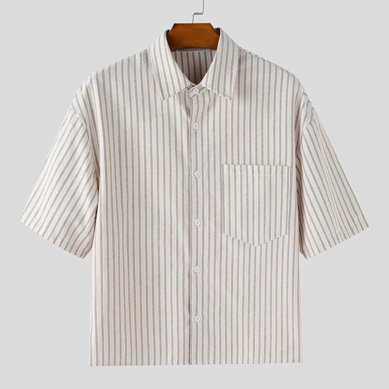 

INCERUN Oversized Men Lapel Drop Shoulder Short Sleeve Striped Casual Short Shirts 5XL хаки