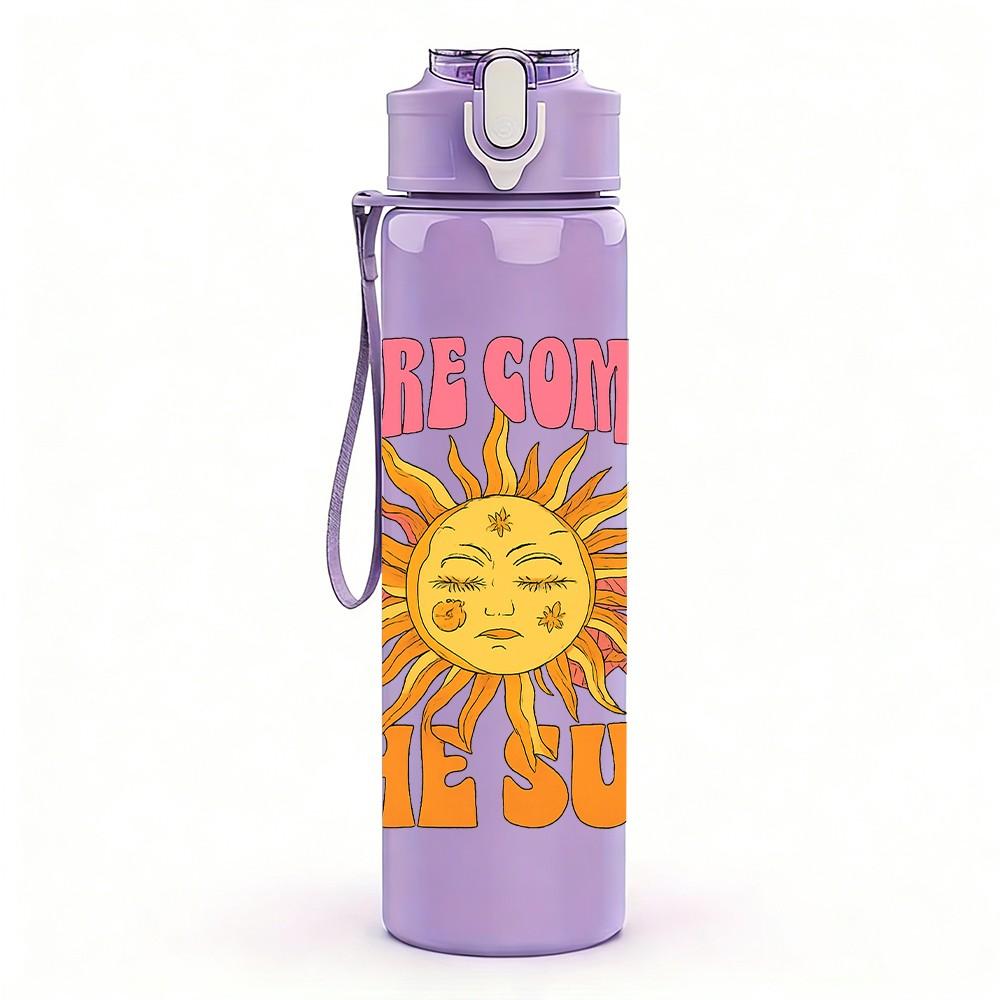 1PC Here Comes The Sun Letter Print 750ml Color Plastic Sports Water Bottle Leakproof Flip Straw Lid Suitable for Sports Office Home Use