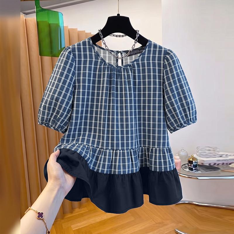 ZANZEA Women Plaid Print Casual Round Neck Half Sleeve Splice Blouse
