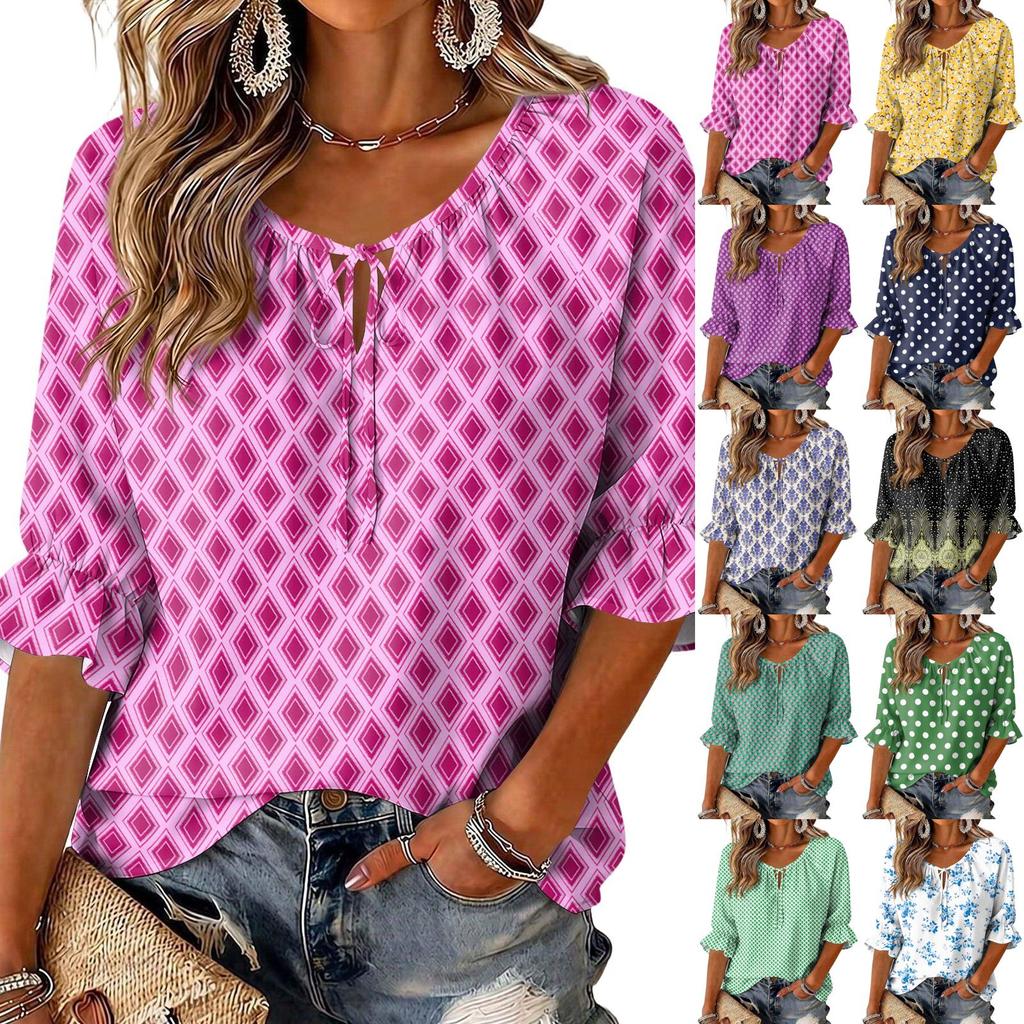 Women's Vintage Floral Print Ruffle Three-Quarter Sleeve Blouse with Round Neck and Tie Front