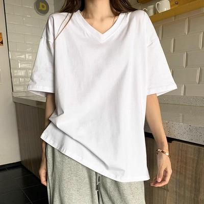 T-shirt da donna taglie forti, bianca, scollo a V, vestibilità larga, cotone, manica corta, stile Hong Kong Chic.