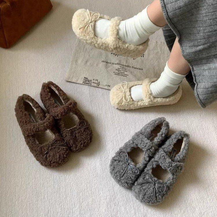 Full of Sweetness~ Milky White Velvet Mary Jane Wool Shoes Women's Winter Lamb Wool Flat-bottomed Warm Beanie Cotton Shoes