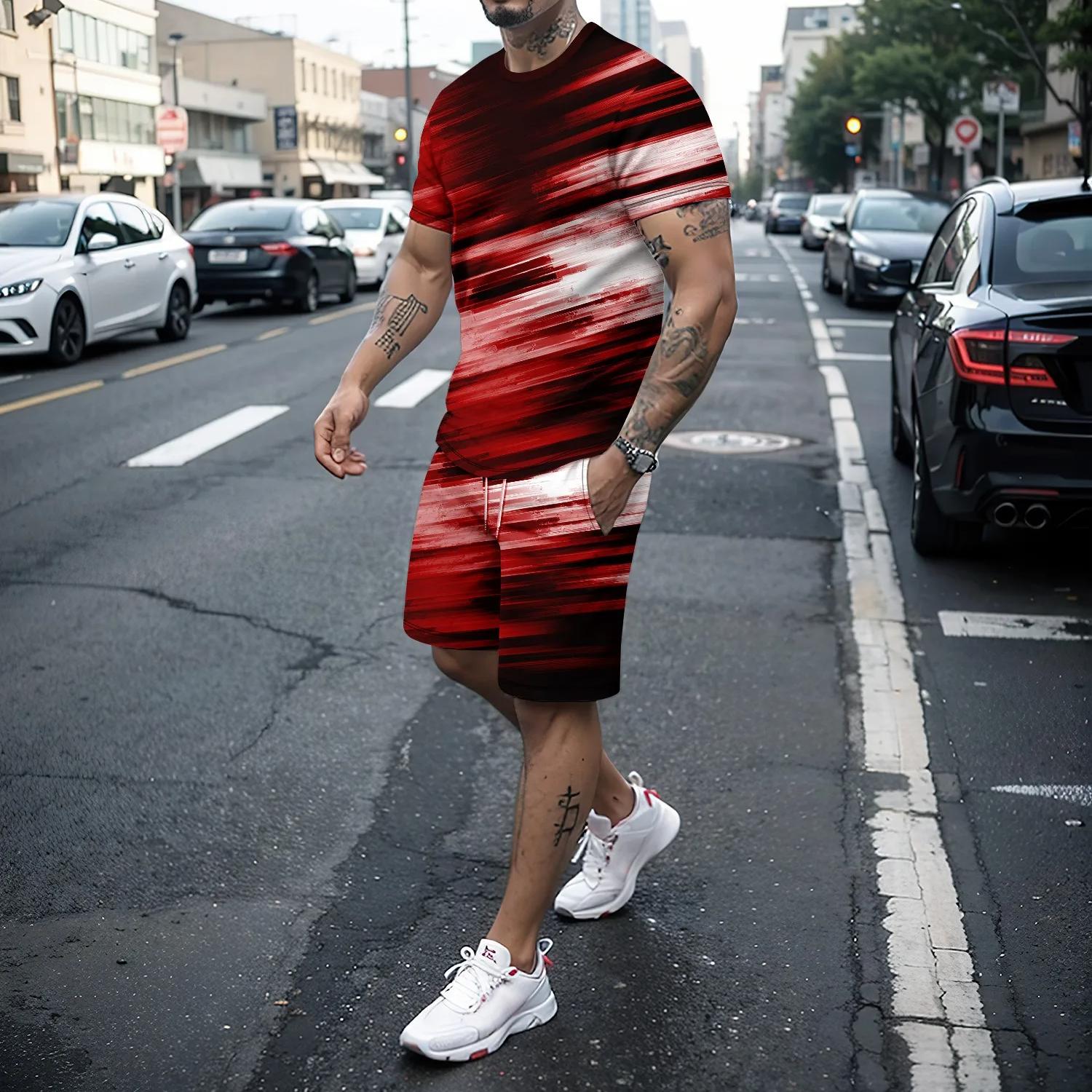 

3D-сплайсинг класний чоловічий набір із 2 предметів зручна та м’яка футболка та повсякденні шорти літній крутий спортивний комплект на відкритому повітрі 6XL