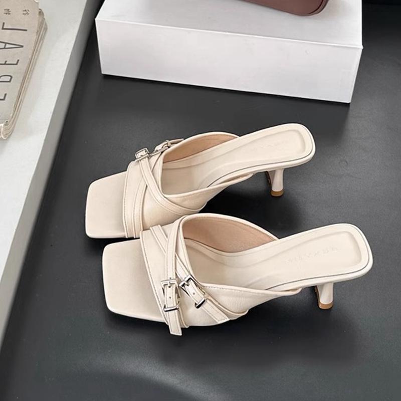 Fashion SUOJIALUN 2025 New Brand Women Slipper Fashion Square Toe Slip On Ladies Elegant Slides Square High Heel Outdoor Dress Sandal