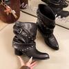 Large Size Street Cool Pleated Stacked Cowboy Boots Autumn And Winter Fashion Pointed Trousers Knight Boots