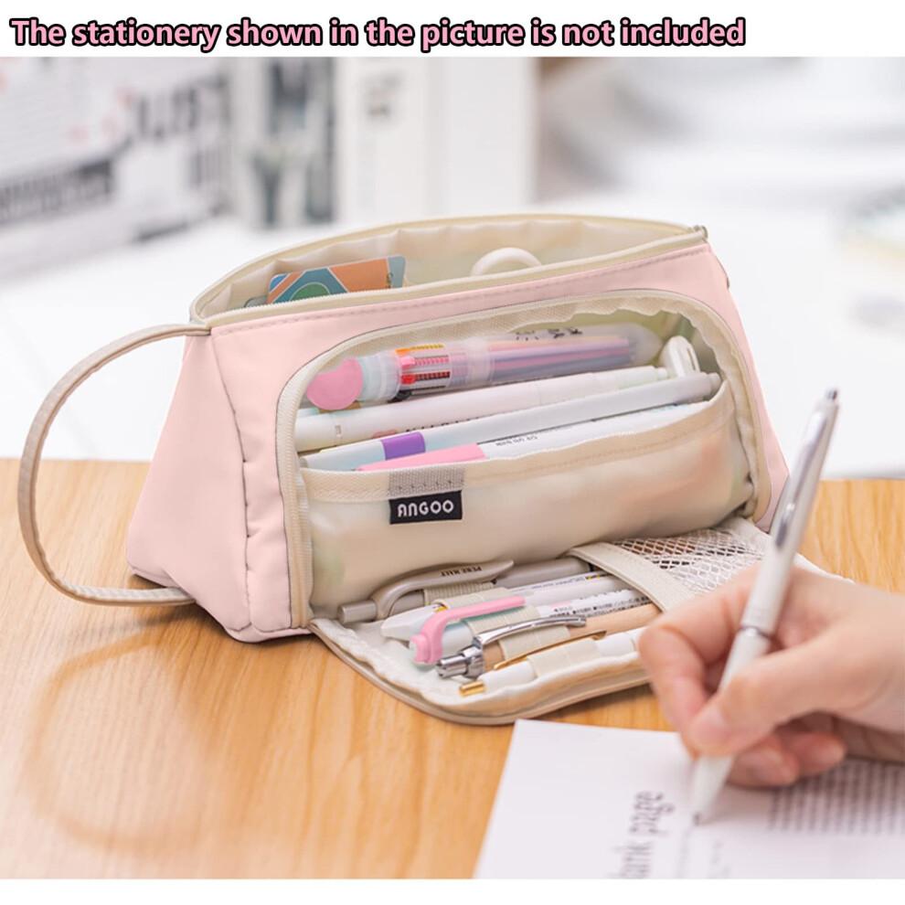 Durable Large Capacity Pencil Case, Pencil Case with Multifunctional Compartments, Pens Case Bag for Student Stationery Girls (Cream-Pink)