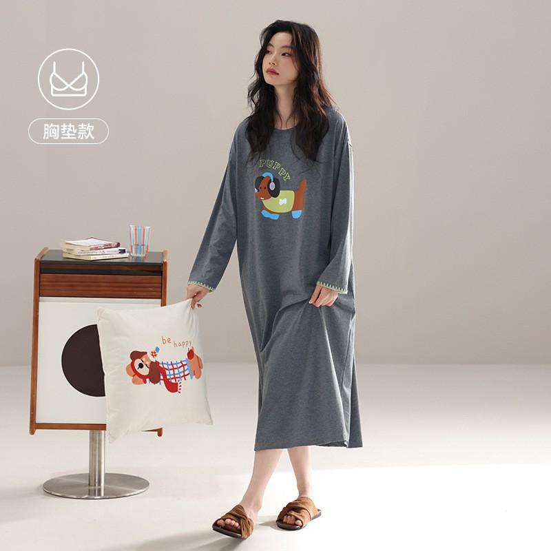 Womens Cotton Long Sleeve Nightgown With Built-in Bra Striped Sleepwear Home Dress