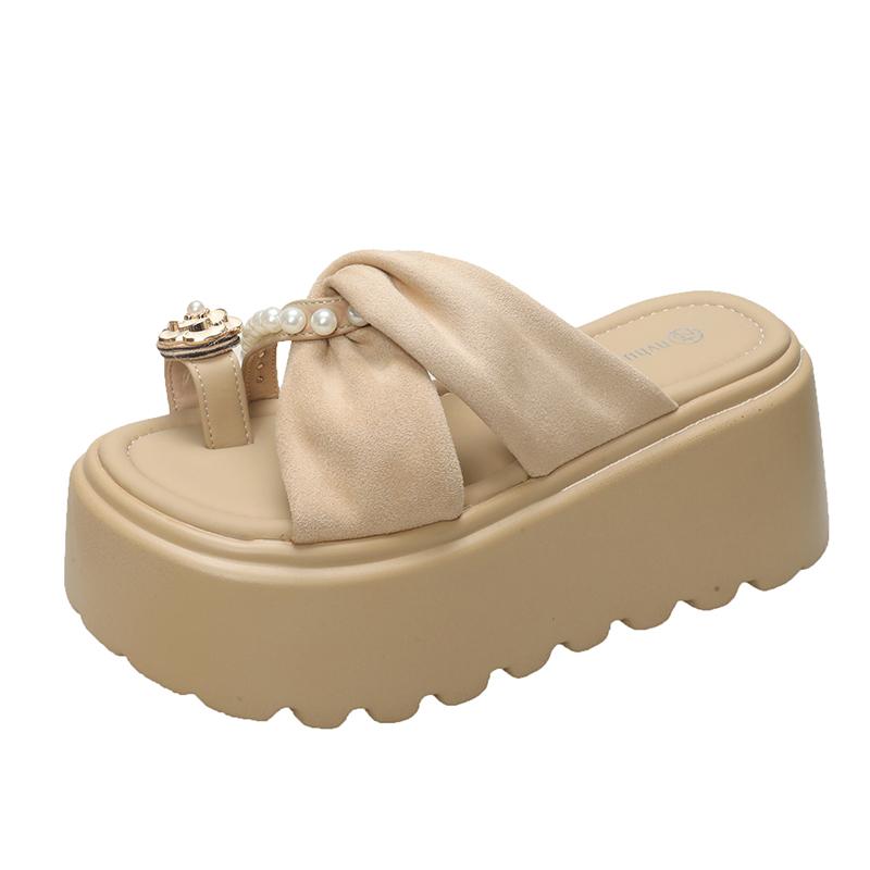 Fashion 8CM Platform Sandals Women 2025 Summer New Non-slip High Heels Flannel Slippers Ladies Open-toed Roman Soft Beach Shoes