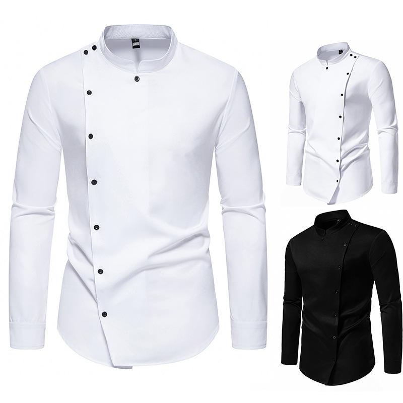 Camisa de vestir blanca para hombre con cuello mao asimétrico, botones asimétricos, manga larga, corte slim