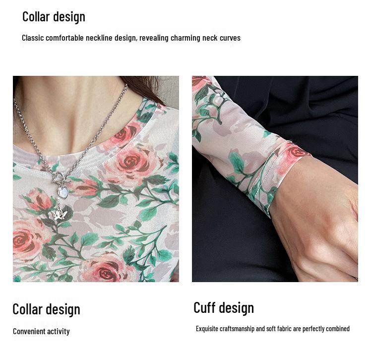 Retro Floral Print Mesh Women's Long Sleeve Sun Protection T-Shirt