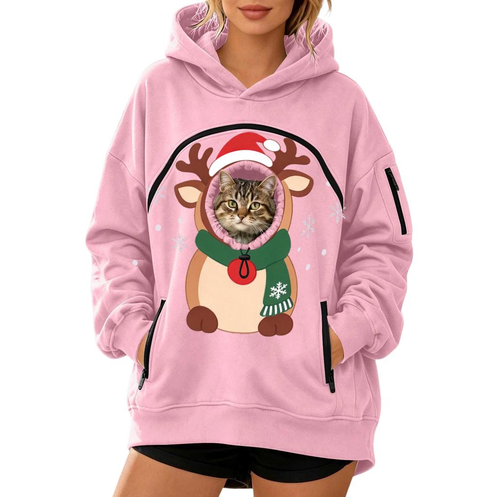 Damenmode Weihnachtsdruck Haustier-Taschen-Sweatshirt, Lockerer Drop-Shoulder-Pullover-Hoodie
