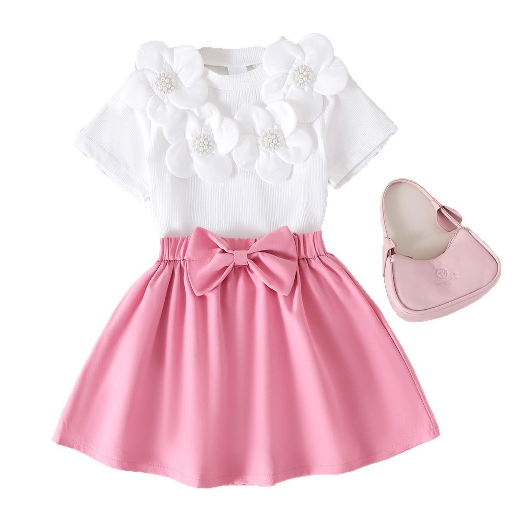 Girls' Fashion Set - Summer Children's Princess White Short-Sleeved T-shirt and Pink Short Skirt Set