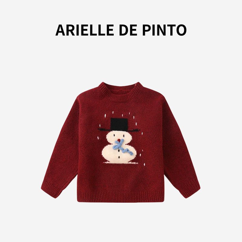 French Arielle De Pinto Knitted Sweater for Boys and Girls, Autumn and Winter Style, Versatile and Cute Red Snowman Sweater Red 110