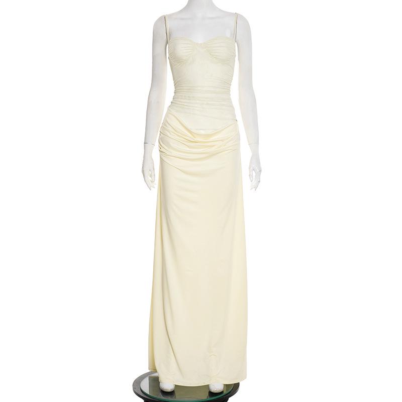 C25DS450 European & American Women s Autumn/Winter Fashion Solid Color Spaghetti Strap Mesh Dress Large
