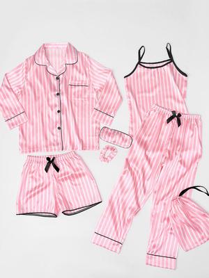 Vier Jahreszeiten Tragbares Kinder Pyjama Set aus Imitationsseide mit Streifen - 7 Teile