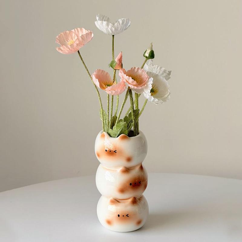 Handmade Cartoon Cat Decorative Flower Arrangement Living Room Floral Art Unique Ceramic Cute Home Decorations
