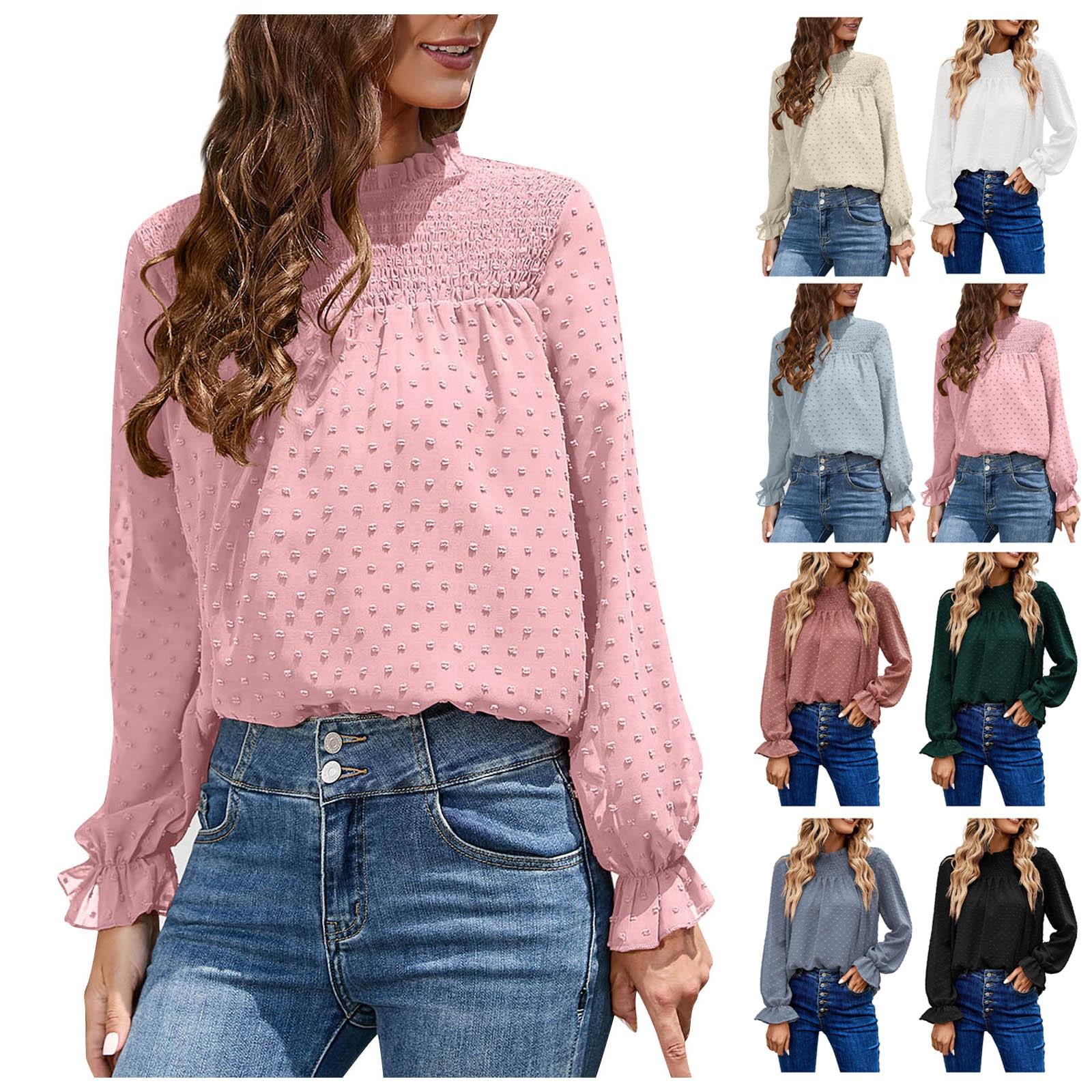 

Женская мода с длинным рукавом и круглым вырезом Свободный однотонный бальный топ в горошек