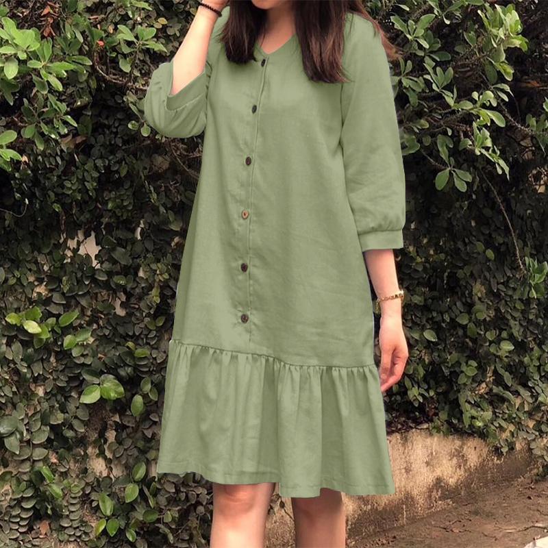 ZANZEA Women's V-neck 3/4 Sleeves Buttoned Pleated Solid Color Loose Dress