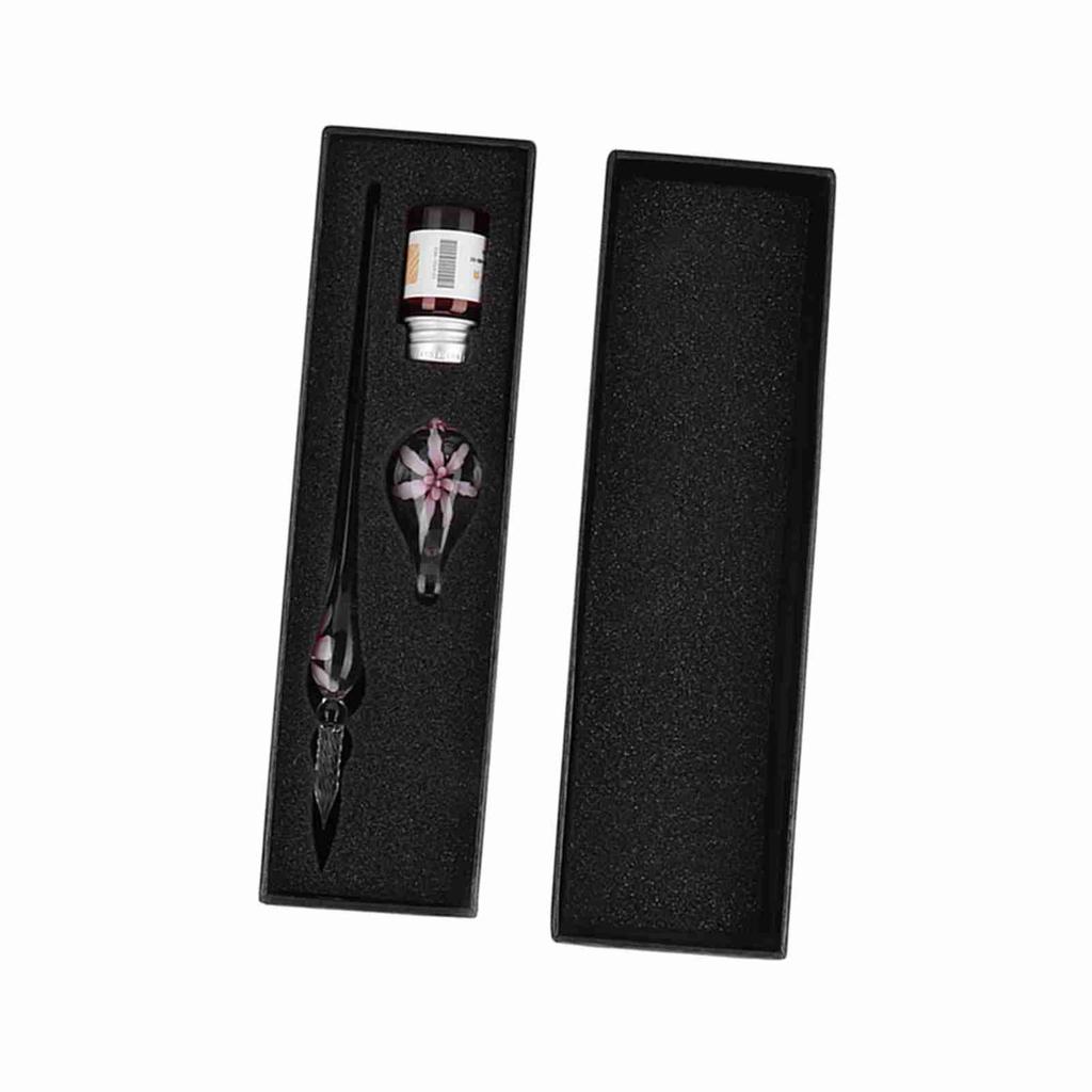 Retro   Elegant Flower Glass Dip Pen Signature Ink Fountain Pen with Ink Penholder Pink