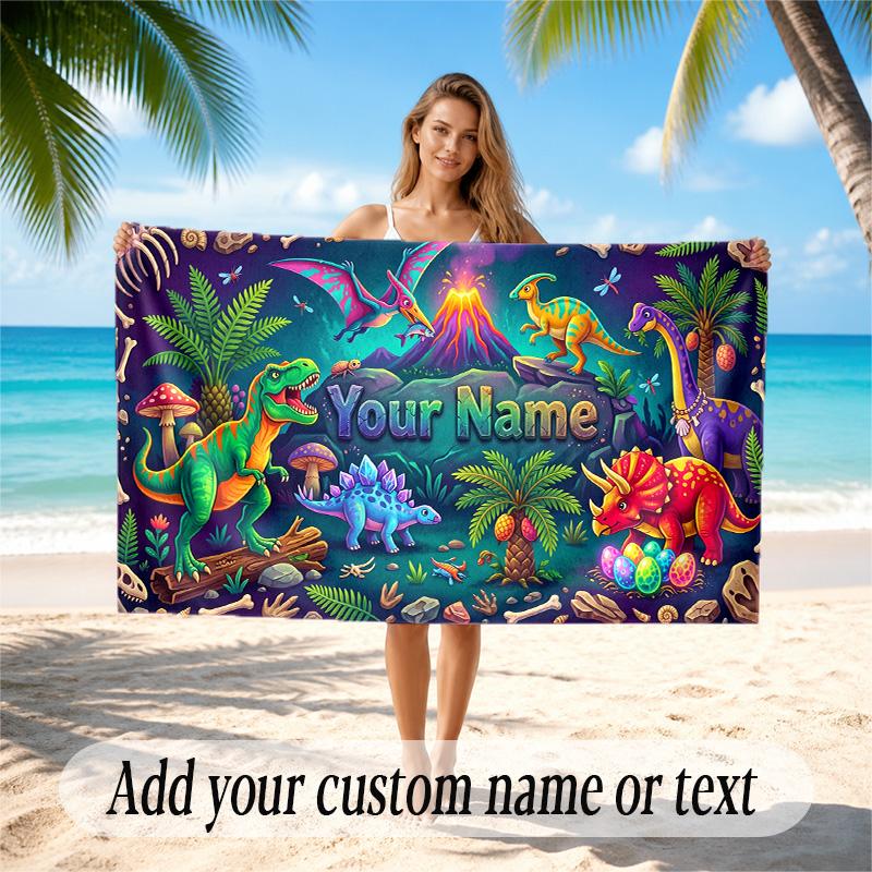 Dinosaur Theme Quick Dry Beach Towel Custom Name Text Print Large Sand Resistant Towel Beach Vacation