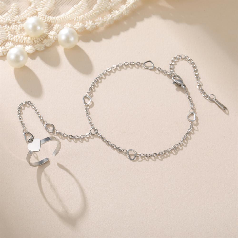 

My Shape Ring Bracelets for Women Heart Clover Paperclip Chain Hand Chain Finger Bangle Stainless Steel Adjustable Wrist Jewelry