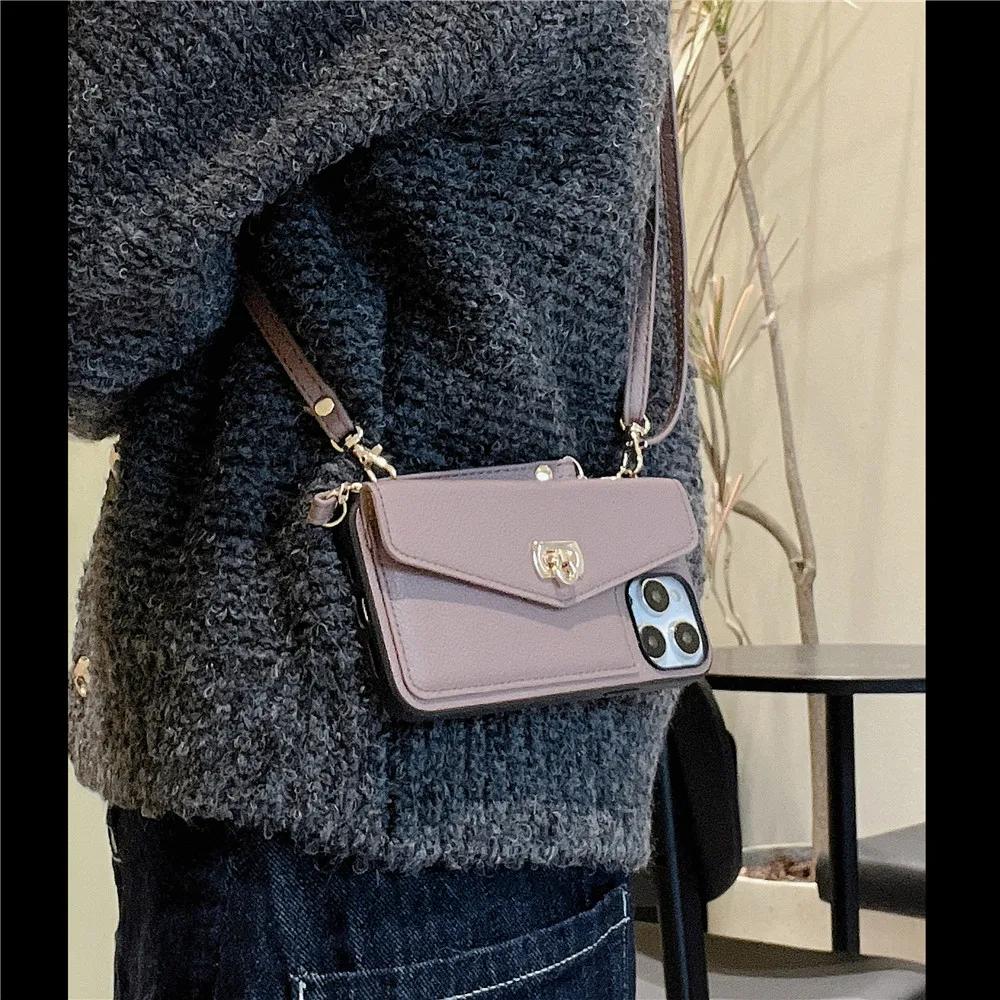 Kožená Luxusní Peněženka Crossbody Pouzdro na Telefon pro IPhone 16 15 14 Plus 11 12 13 Pro Max Přihrádka na Karty Držák Stojánek Dlouhý Lanyard Kryt