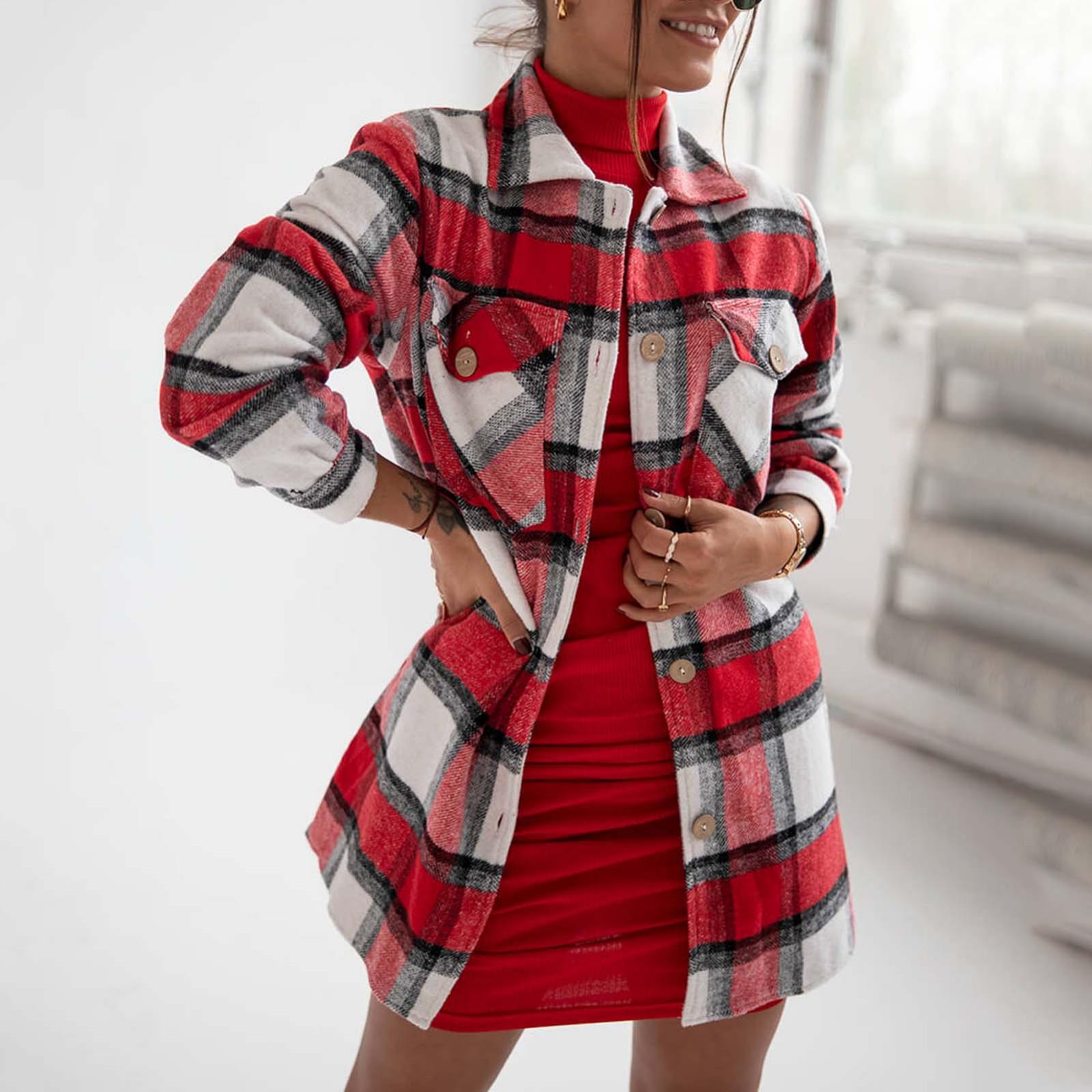 

Модная женская повседневная туника с длинными рукавами и пуговицами в виде решетки, рубашка-блузка M красный