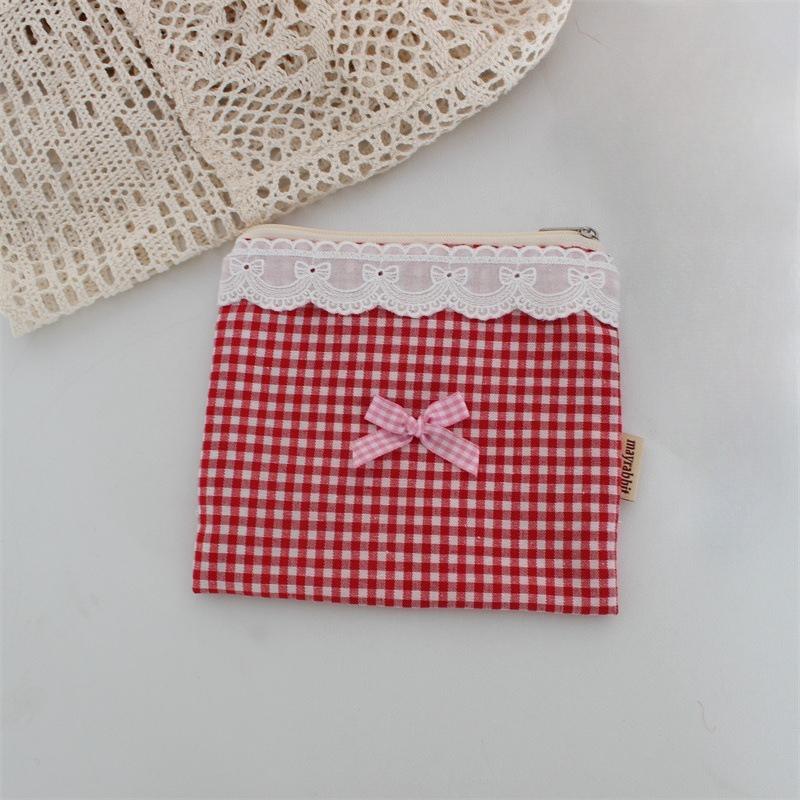 Ins Cute Plaid Coin Purse Sweet Lace Storage Bag Sanitary Napkin Bag High-value Lipstick Cosmetic Bag