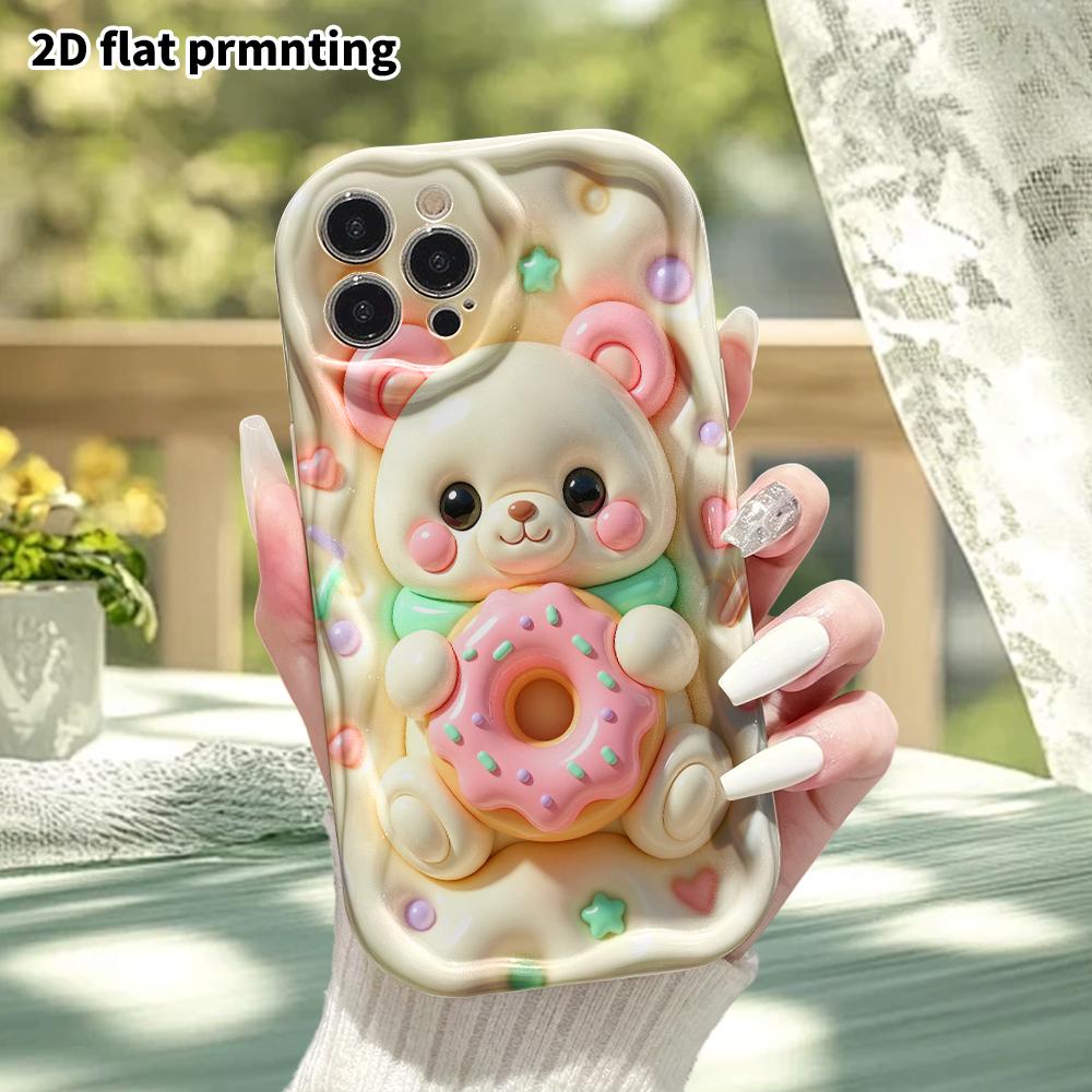 Phone Case: 2D flat design suitable for iPhone 18 17 16 15 14 13 Pro protective case, featuring a cute bear hugging a donut, perfect Christmas and Hal